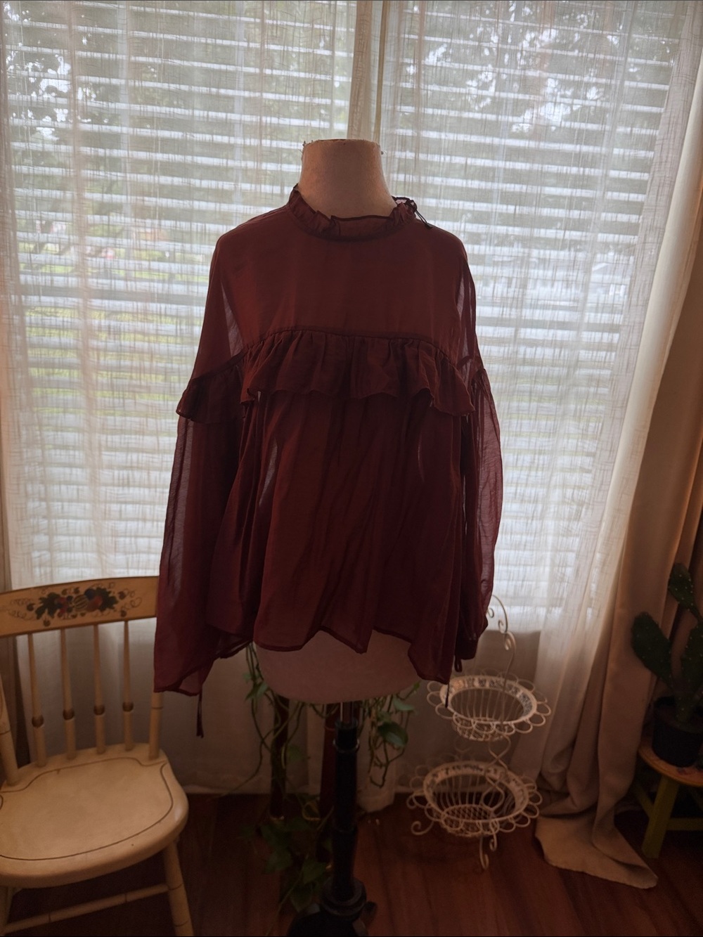 ZARA Burgundy Semi-Sheer Ruffled Blouse Mock Neck Layered Flowy Top Size L